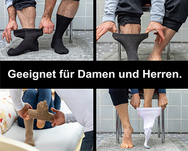 Verschiedene Menschen ziehen den Socken mit extra dehnbaren Bund an. In vielen verschiedenen Farben.